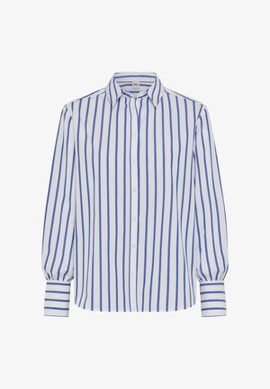 Chemise blanche à manches longues bouffantes avec de fines rayures verticales bleues, dotée d'un col classique et de poignets rayés.