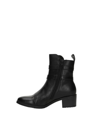 Bottine en cuir noir avec fermeture éclair latérale, brides décoratives, languette à l'arrière et petit talon empilé.