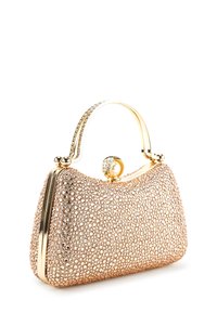 Clutch-Tasche in hellrosa, verziert mit klaren Strasssteinen. Verfügt über einen goldfarbenen Metallrahmen und einen runden Griff mit strukturierter Oberfläche.