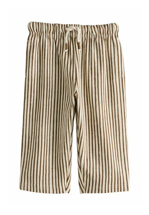 Cotton shorts featuring vertical brown and cream stripes, elastic waistband with drawstring, and side seam pockets. Casual design.