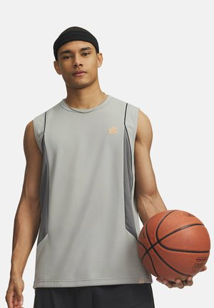 Light gray sleeveless athletic shirt with dark gray accents and logo; worn by a person holding a basketball, displaying a smooth texture.