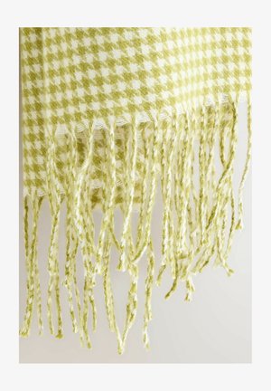 Žalias ir baltas languotas šalikėlis su pūkuotais kraštais, pagamintas iš minkštos medžiagos. Yra audinė raštas ir tekstūrinis paviršius.