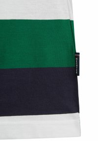 T-shirt à manches courtes rayé en blanc, vert et bleu marine. Texture en coton doux, présentant une étiquette avec la marque "HECHTER" sur la couture latérale.