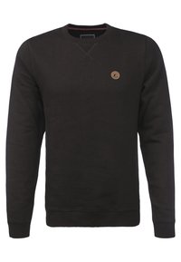 Černá bavlněná mikina s kulatým výstřihem, žebrovanými manžetami a lemem. Na hrudi má malý kulatý logo v kontrastní barvě.