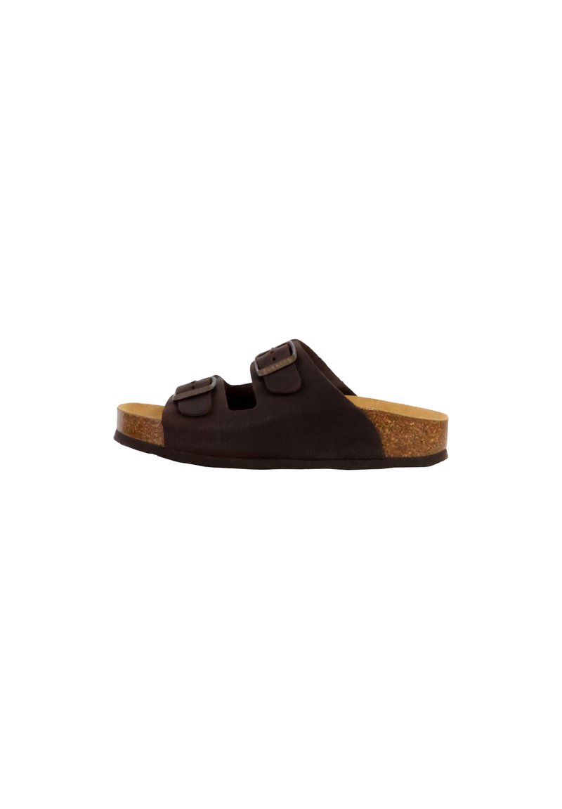 Sandalo marrone slip-on con due cinturini regolabili, suola in sughero e tomaia testurizzata. Presenta un design piatto e una punta aperta per la traspirabilità.