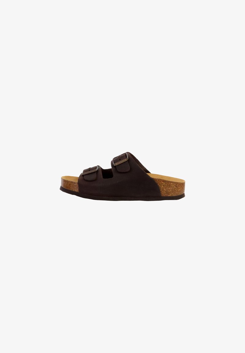 Sandalo marrone slip-on con due cinturini regolabili, suola in sughero e tomaia testurizzata. Presenta un design piatto e una punta aperta per la traspirabilità.
