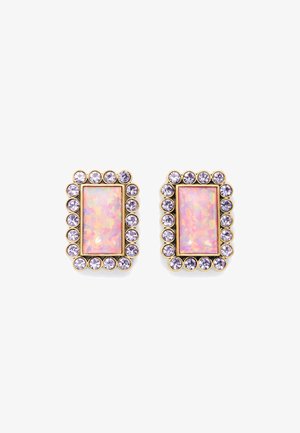 Gold-tone rectangular earrings featuring a large pink opal center surrounded by small purple gemstones. Smooth texture, elegant design.
