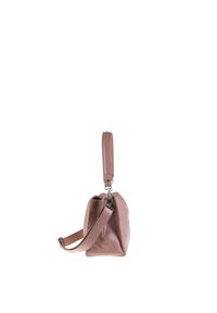 Sac en cuir texturé rose à la forme incurvée, doté de doubles poignées, d'une bandoulière réglable et de détails en métal.