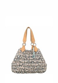 Sac fourre-tout matelassé beige avec imprimé léopard gris, doté de poignées en simili cuir beige, de quincaillerie argentée et d'une touche décorative bleu clair.