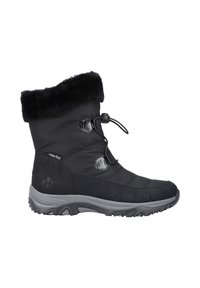 Black winter boot with a textured synthetic upper, faux fur collar, and lace closure. Features a thick rubber sole for traction.