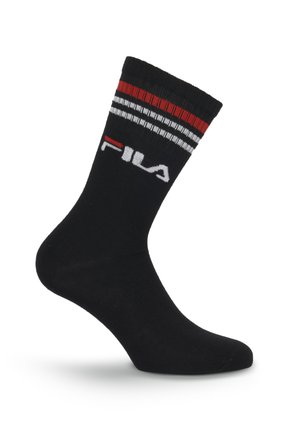 Černá ponožka sahající do poloviny lýtka s červenými, bílými a černými pruhy nahoře a bílým nápisem "FILA" na boku.