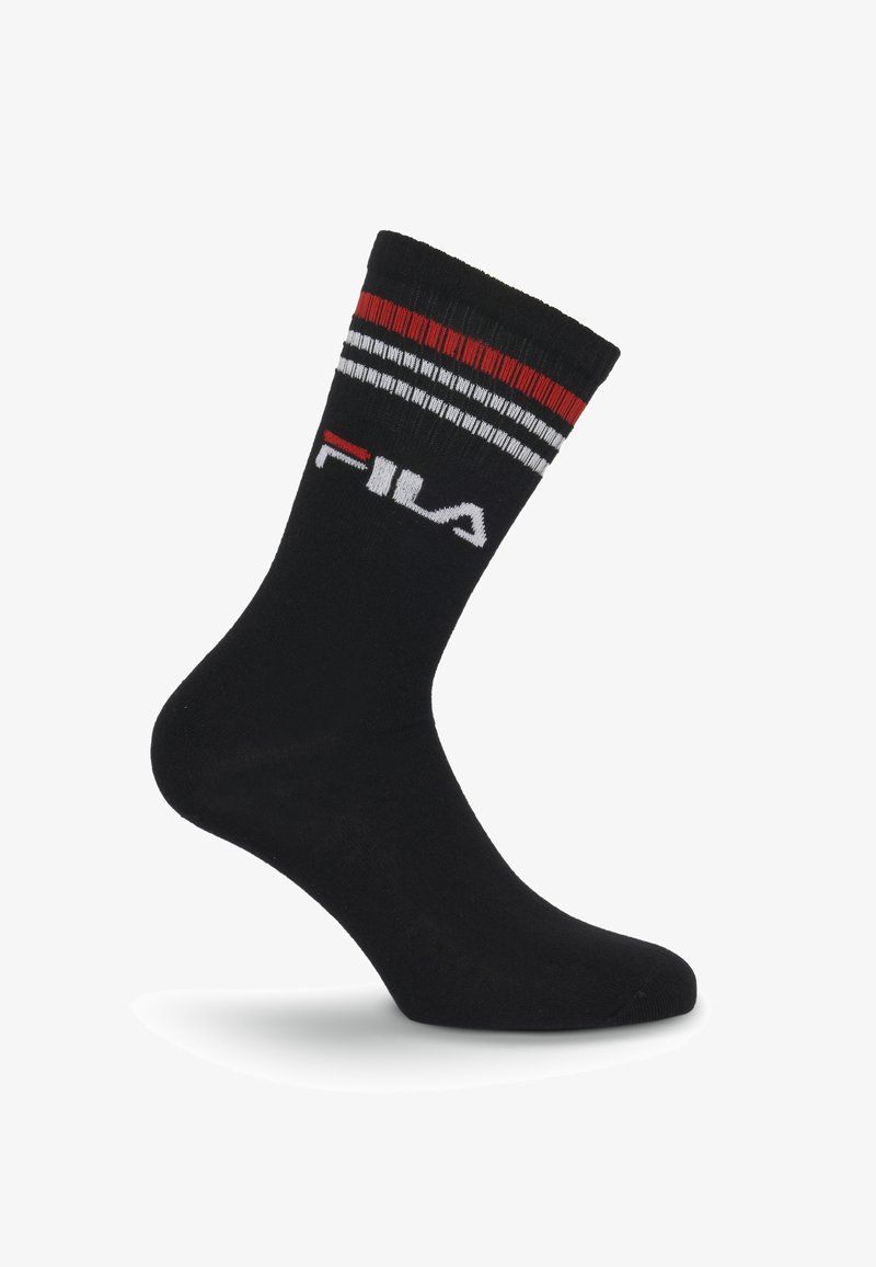 Chaussette noire mi-mollet avec des rayures rouges, blanches et noires en haut et un logo blanc "FILA" sur le côté.