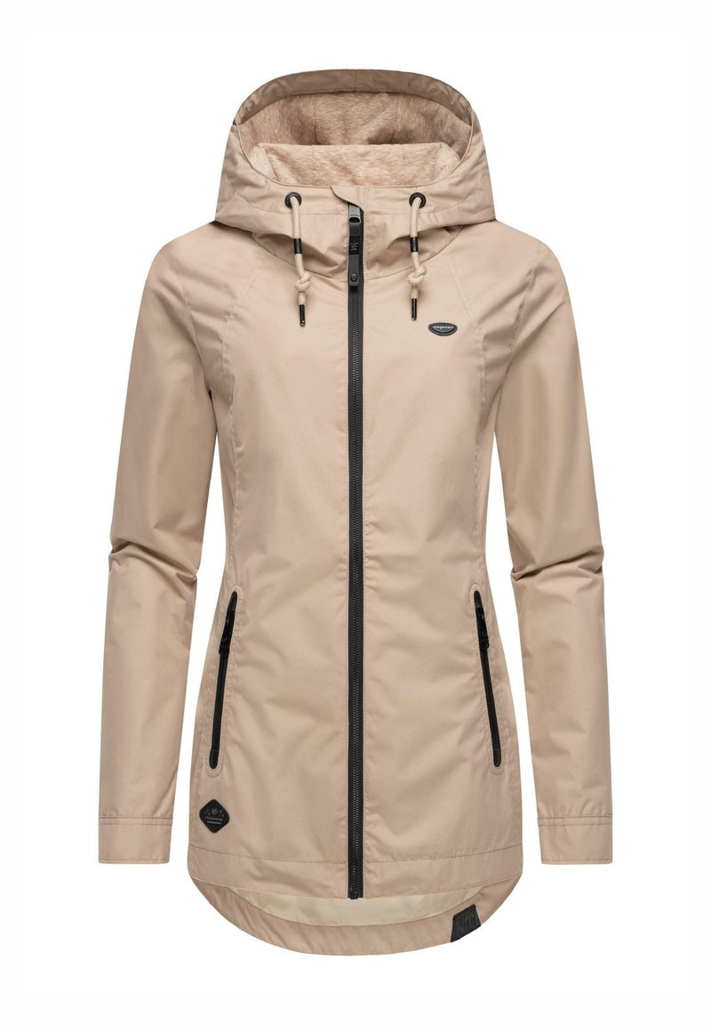 Light beige jacket with a hood, zip front, two zippered side pockets, and a soft interior lining. Features adjustable drawstrings and logo detail.
