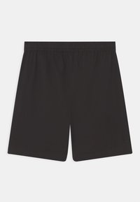 Bermudas de algodão pretas com um cós elástico, corte reto e sem bolsos ou padrões visíveis. Textura suave, comprimento padrão.