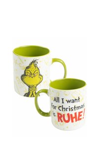 White ceramic mug with a green interior and handle. Features a Grinch illustration and the text, "All I want for Christmas is RUHE!" in bold red.
