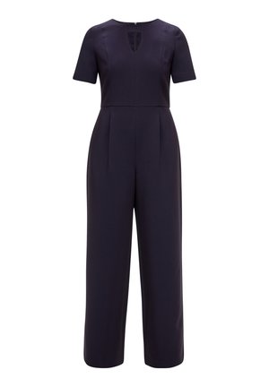 Marineblauwe jumpsuit, korte mouwen, V-vormige halslijn, aansluitend lijfje met plooien, wijde broekspijpen, afgewerkt met een verborgen ritssluiting aan de achterkant.
