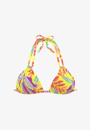 Dzeltena bikini augšdaļa ar trīsstūra dizainu. Ar tropu lapu rakstu dažādās krāsās (zaļa, purpursarkana, sarkana). Sasienama ap kaklu.