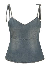 Denim gornji dio s podesivim vezicama, V-izrezom i suknjom koja se širi. Svijetloplava boja s vidljivim šavnim detaljima.