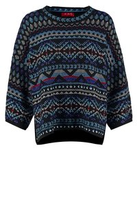 Pull noir avec motifs tricotés géométriques et floraux bleus, blancs et rouges, col rond et manches 3/4.