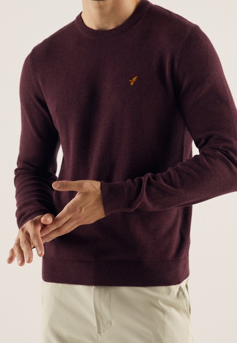 Homme portant un pull ajusté de couleur bordeaux foncé avec un petit logo d'oiseau jaune sur la poitrine, associé à un pantalon beige clair.