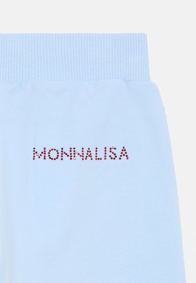 Ανοιχτό μπλε βαμβακερό παντελόνι με ριμπ ζώνη στη μέση, διακοσμημένη με το "MONNALISA" σε κόκκινες στρας. Λείο ύφασμα χωρίς επιπλέον σχέδια.