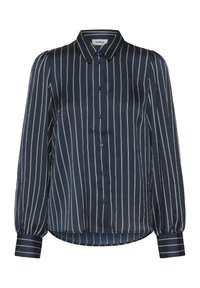 Tumši zila blūze ar vertikālām baltām svītrām, priekšpusē ar pogām un pūstām garām piedurknēm. Izgatavota no gludas auduma; ir apkakle ar stīpu.