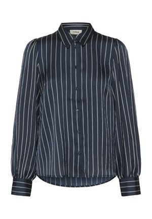 Mornarsko modra bluza z navpičnimi belimi črtami, z gumbi spredaj in napihnjenimi dolgimi rokavi. Izdelana iz gladkega blaga; ima ovratnik s trakcem.