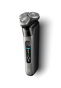 Philips elektrische scheerapparaat met drie ronde koppen, matte zwarte en zilveren afwerking, digitaal display, textuur grip en SkinIQ-logo.