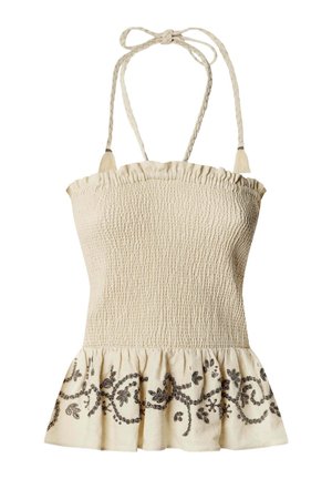 Top halter fruncido beige con tirantes trenzados y bordado floral negro a lo largo del dobladillo con volantes.