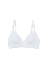 Bralette bianco a forma di triangolo realizzato in tessuto morbido. Dotato di spalline sottili e regolabili e un bordo in pizzo testurizzato sulla fascia sotto il seno.