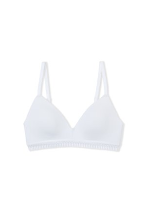 Biały trójkątny biustonosz wykonany z miękkiego materiału. Posiada cienkie regulowane ramiączka oraz fakturowaną koronkową lamówkę na dolnym brzegu.