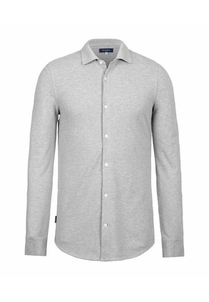 Light grey long-sleeve button-up shirt with a collar and white buttons, displayed on a white background.