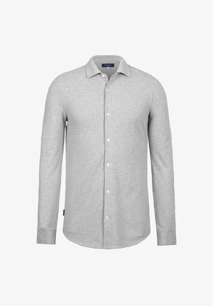 Light grey long-sleeve button-up shirt with a collar and white buttons, displayed on a white background.