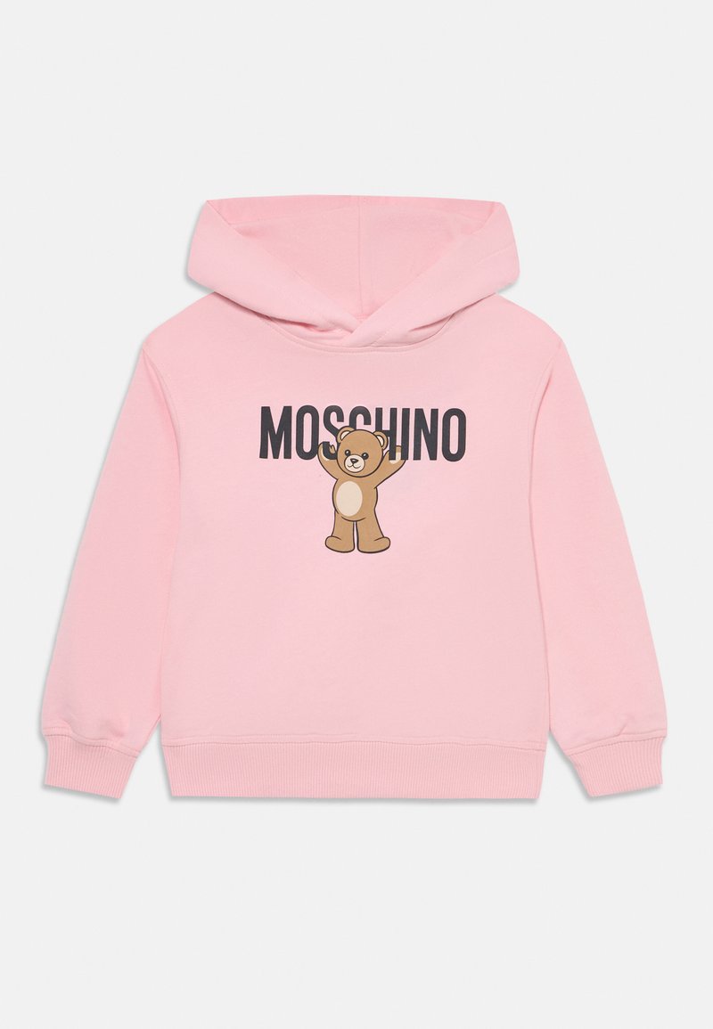 Hoodie rose en mélange de coton, ornée d'un graphique d'ours avec les bras levés et le texte "MOSCHINO" en noir. Poignets et ourlet élastiques.