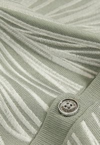 Material tricot texturat de culoare verde deschis, cu dungi argintii reliefate și un nasture metalic rotund cu inscripția "REISS".