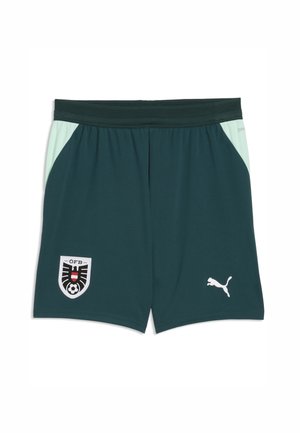 Dunkelgrüne Sportshorts mit hellgrünen Seitenpaneelen, Österreichisches Fußballteamwappen auf dem linken Bein und weißem Puma-Logo auf dem rechten Bein.