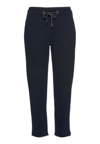 Marineblaue Sweatpants mit einem Kordelzugbund, schmal zulaufenden Beinen und elastischen Bündchen. Hergestellt aus einem glatten, dehnbaren Stoff für Komfort und Bewegungsfreiheit.