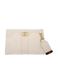 Beige leather clutch with gold hardware, featuring a raised design, zipper closure, and a detachable tag with red and navy accents.