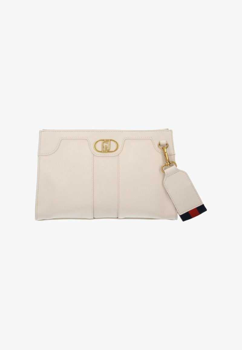 Beige leather clutch with gold hardware, featuring a raised design, zipper closure, and a detachable tag with red and navy accents.