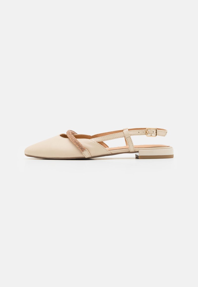 Beige slingback flat shoes with a pointed toe, textured strap across the front, and a small block heel. Minimalist design with a smooth finish.
