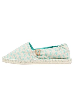 Casualowe buty wsuwane z jasnobeżowej tkaniny, z wzorem zielonych piesków, plecioną jutową podeszwą i małą skórzaną metką z logo palmy po boku.