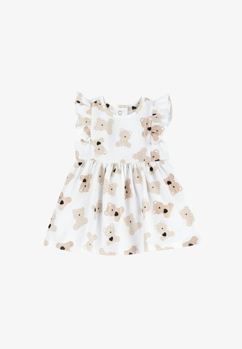 Abito bianco con gonna arricciata e maniche a volant, caratterizzato da un motivo ripetuto di orsetti di peluche marrone chiaro e pois.