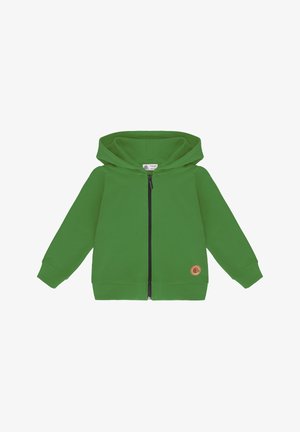 Uśmiechnięty młody chłopiec stoi, ubrany w zieloną bluzę z kapturem zapinaną na zamek, białą koszulkę, jasnoniebieskie spodnie z wywiniętymi mankietami oraz białe trampki na jednolitym tle.