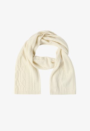 Sciarpa lavorata a maglia di color crema con motivo a treccia, texture morbida e bordi rifiniti. Misura circa 150 centimetri di lunghezza.