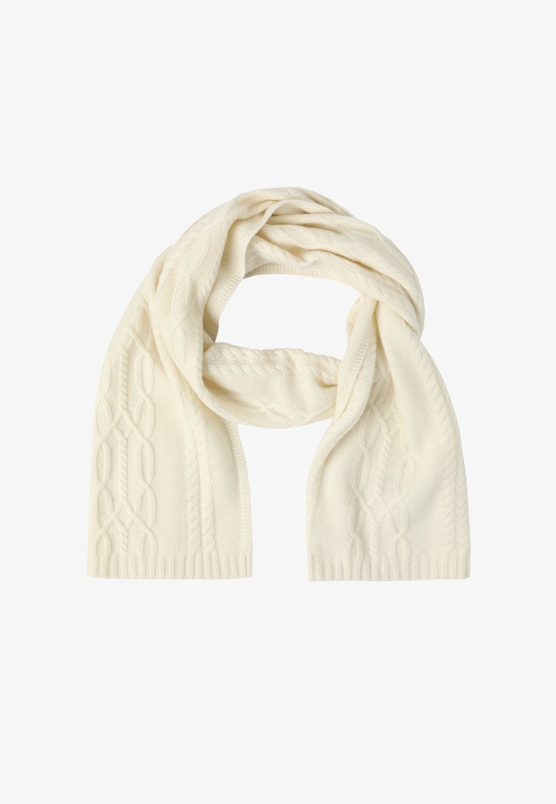 Sciarpa lavorata a maglia di color crema con motivo a treccia, texture morbida e bordi rifiniti. Misura circa 150 centimetri di lunghezza.