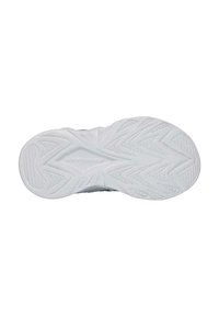 Suela de goma blanca con patrón texturizado, que presenta líneas en zigzag y verticales para mayor tracción. Logo "SKECHERS" grabado en el centro.