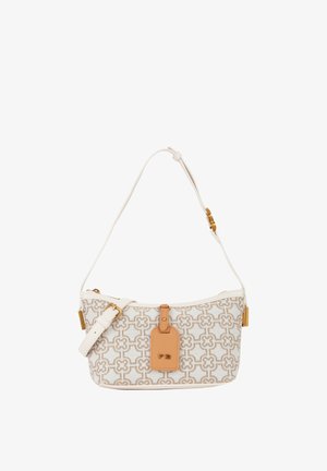 Sac à épaule blanc et beige à motifs avec une sangle réglable et une étiquette en cuir camel avec une quincaillerie dorée et des initiales embossées "V 78".
