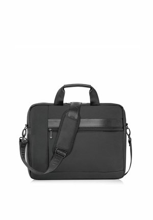 Czarna torba na laptopa z teksturowaną powierzchnią, górnym uchwytm, regulowanym paskiem na ramię oraz przednią kieszenią na zamek, charakteryzująca się eleganckim designem.