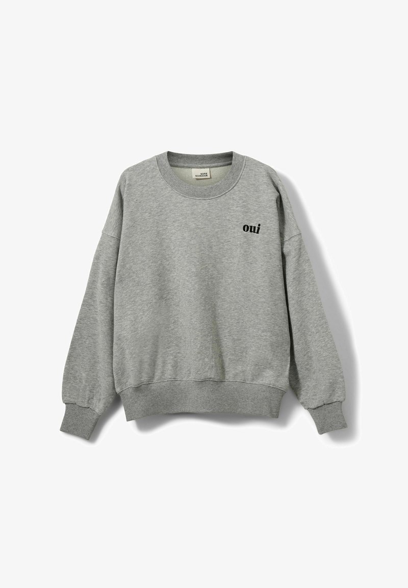 Sweat-shirt gris avec col rond et poignets côtelés. Présente le texte "oui" en noir sur la poitrine et une coupe décontractée.
