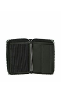 Portefeuille en cuir vert avec une texture lisse. Comprend plusieurs emplacements pour cartes, une doublure en tissu rayé et une fermeture éclair le long du bord.